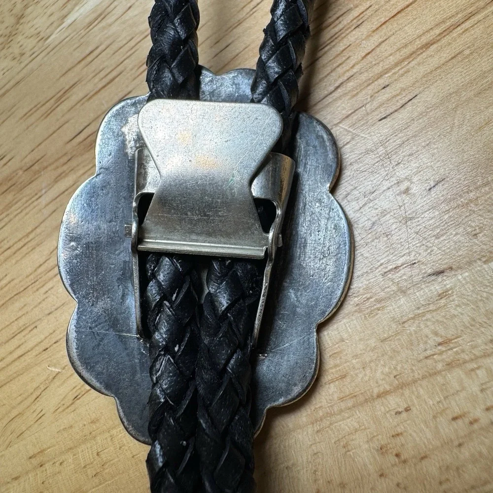 Vintage Southwestern Sun Bolo Tie JS Marked Silver‎ Concho Leather Cord Western